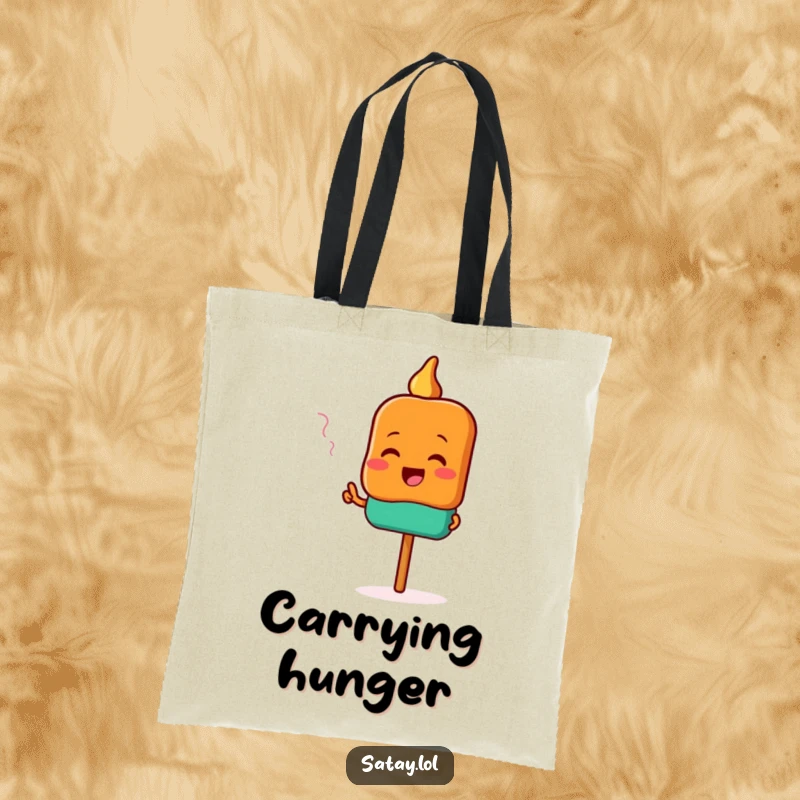 Funny satay tote bag with a cheerful satay skewer character excitedly pointing towards a delicious, tantalizing aroma.
