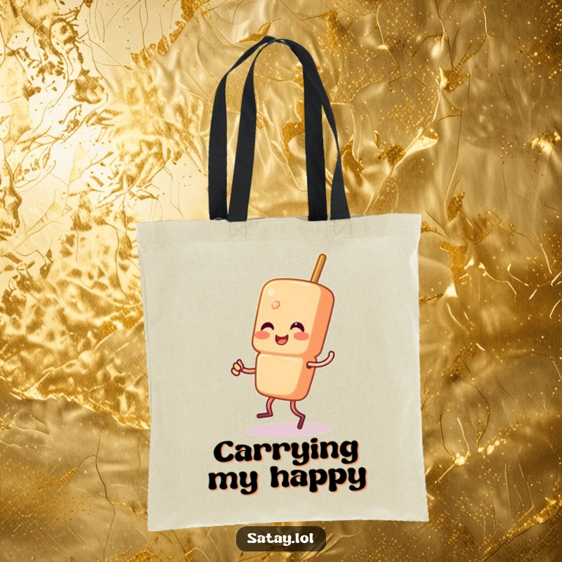 Funny Satay Skewer Tote Bag showing a skewer character doing a happy jig, perfect for adding a festive and humorous touch to everyday activities.