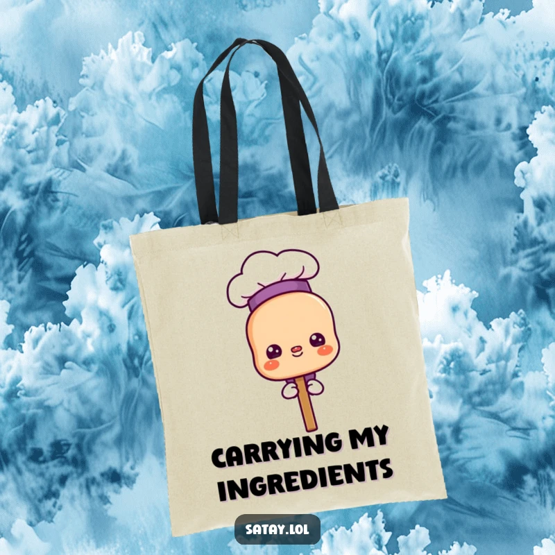 Funny proud chef satay skewer tote bag, wearing a chef hat and looking proud, durable and stylish for shopping.
