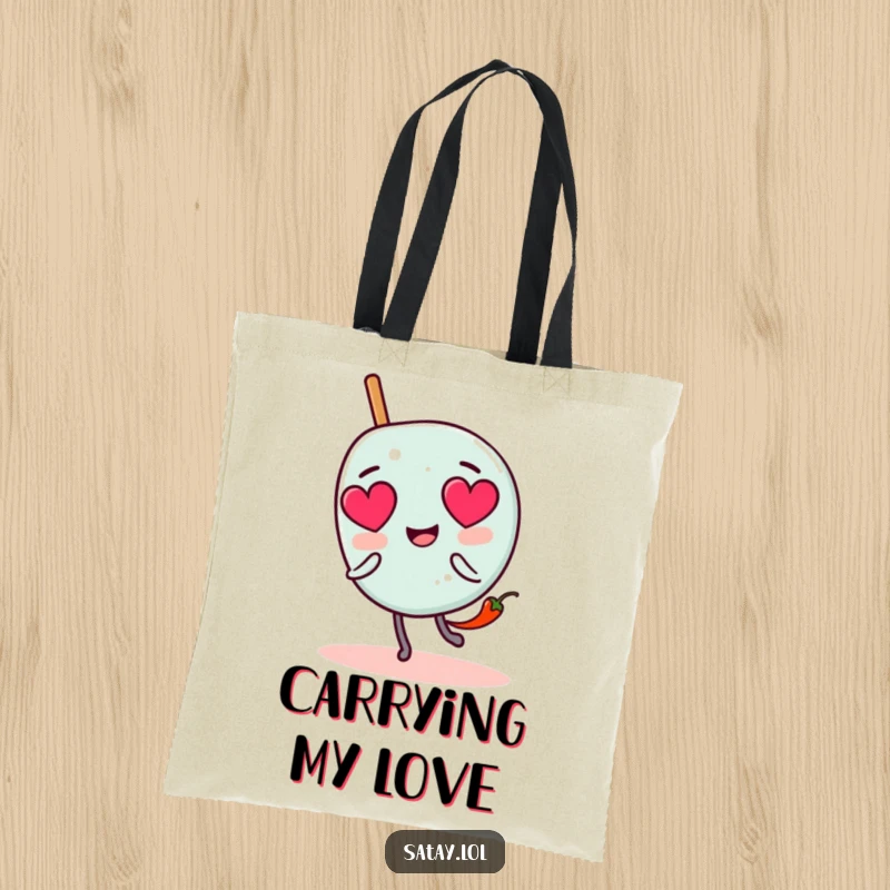 Funny satay skewer character tote bag with heart eyes, chased by a tiny chili pepper, ideal for carrying groceries with spice.