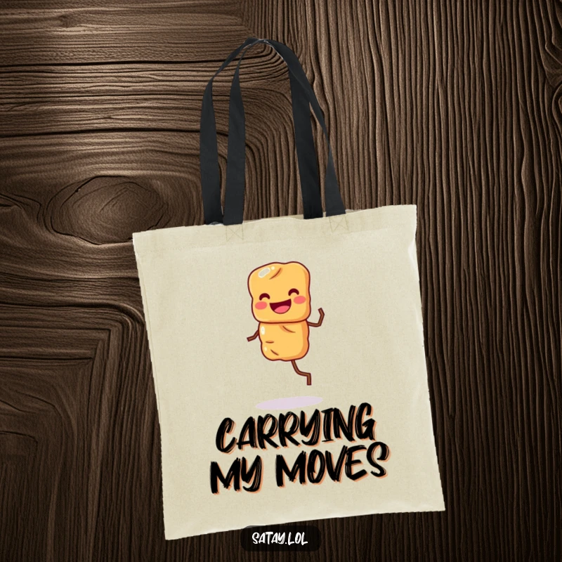 Funny tote bag with a grinning satay skewer character energetically doing a happy dance jig.