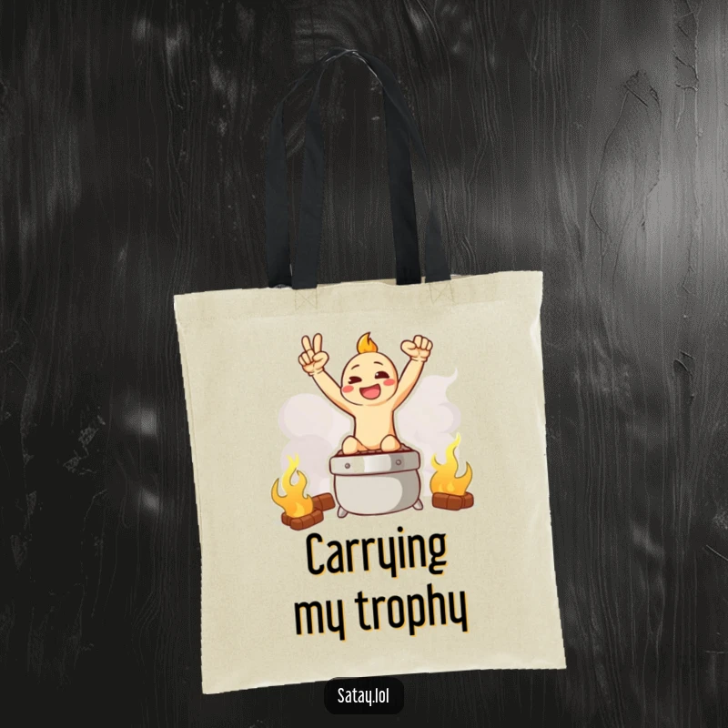 Funny tote bag featuring a satay character in a triumphant stance atop a smoky grill graphic.