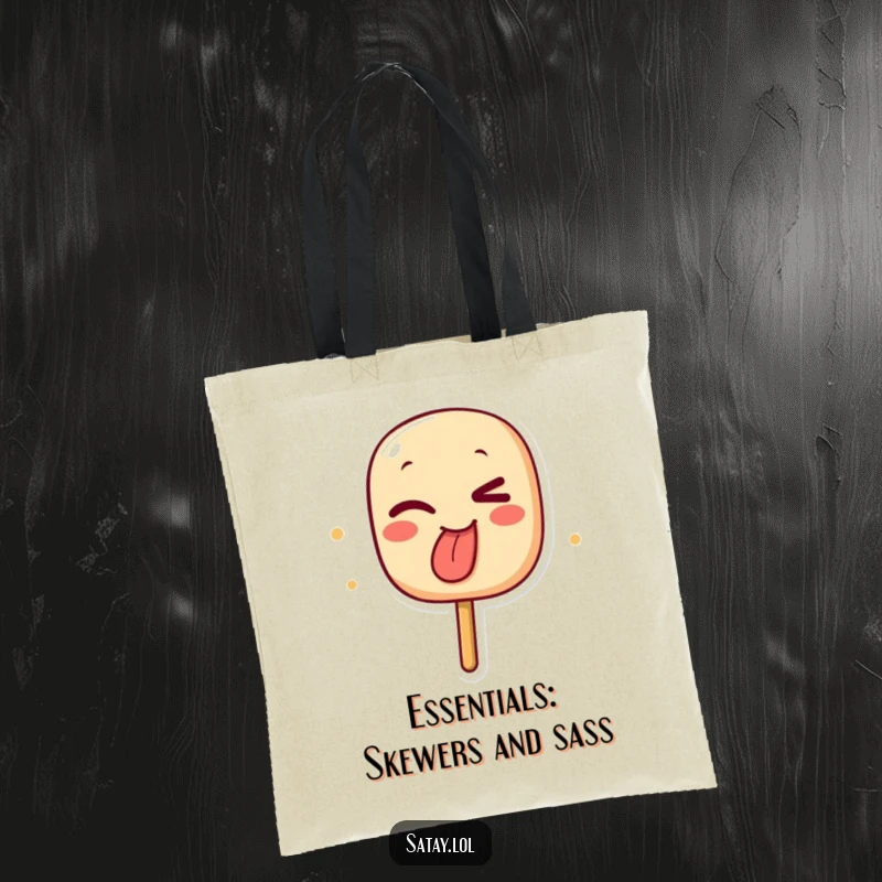 Funny tote bag showcasing a winking satay skewer character playfully sticking out its char-marked tongue, a great accessory.