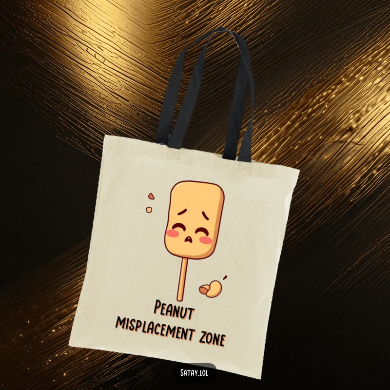 Funny tote bag with a satay skewer character looking comically confused by a misplaced peanut; carries humor and essentials.