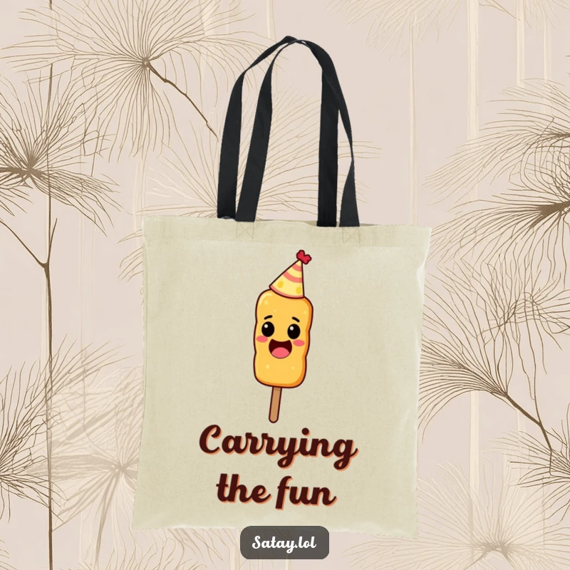 Funny tote bag showcasing an excited satay skewer wearing a small party hat, ready to party.