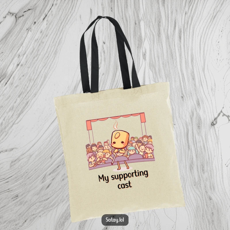 Funny satay skewer takes a deep bow on a sturdy tote bag, perfect for carrying items with dramatic flair.