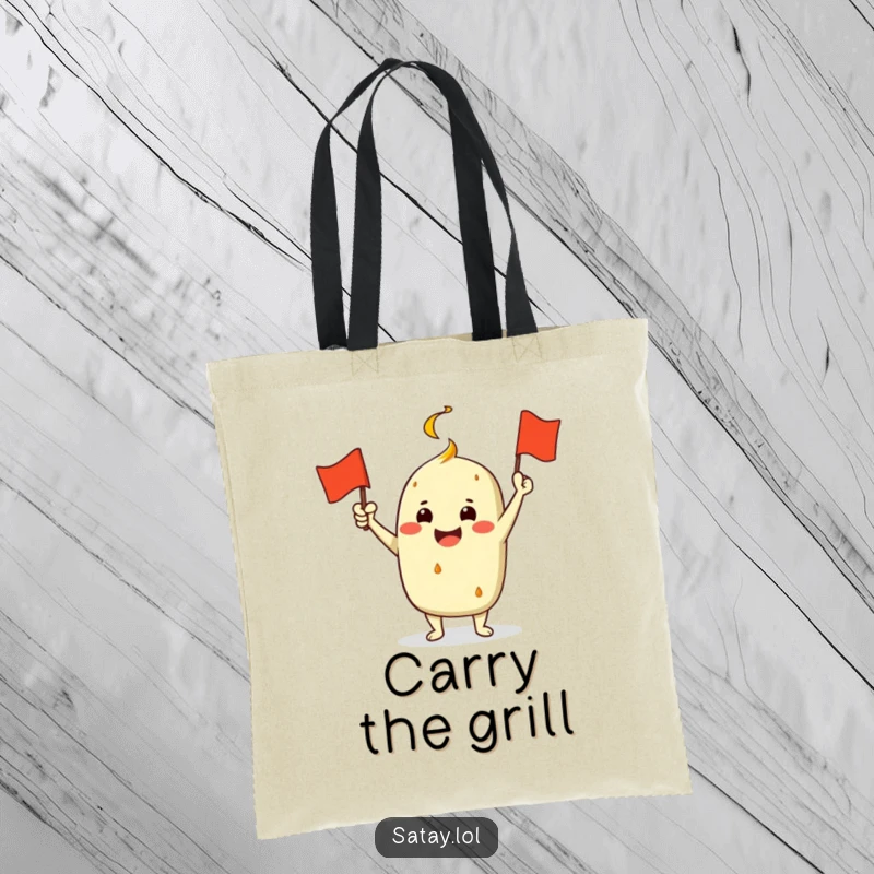 Funny Satay Character Tote Bag: A jubilant satay enthusiastically waves a miniature grill flag, making a humorous and practical accessory.