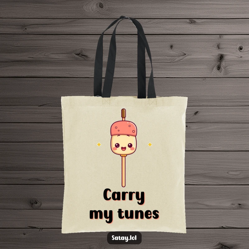 Funny tote bag with a satay skewer holding its own stick like a microphone, ideal for performers and food lovers.