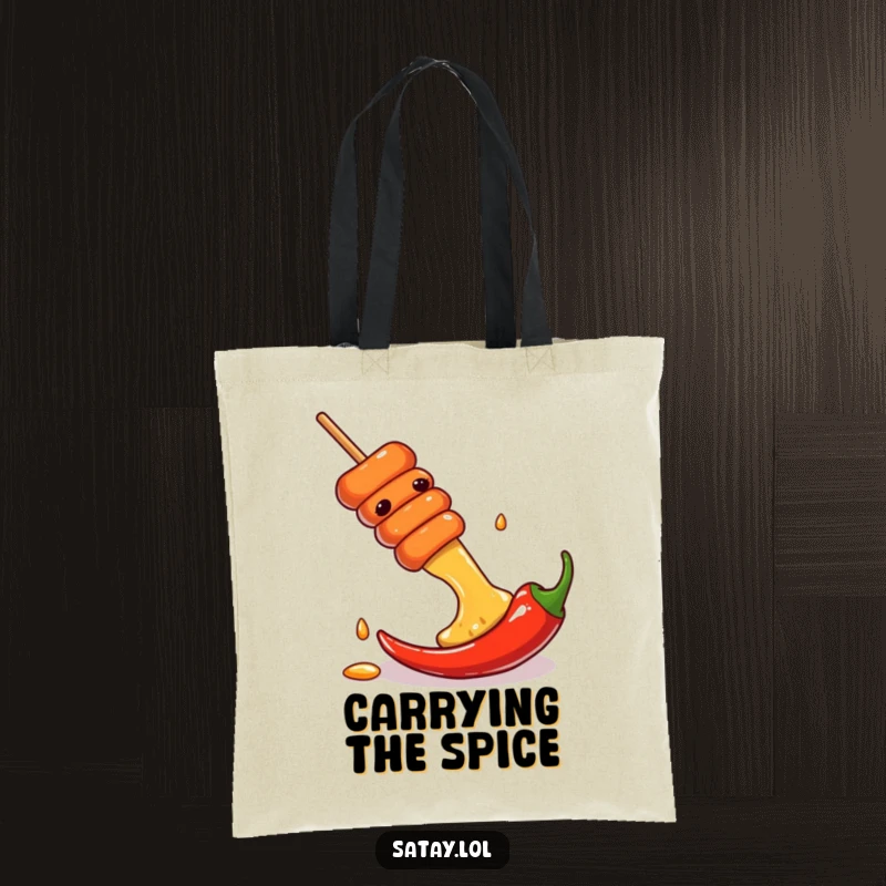 Funny tote bag depicting a satay skewer sliding down a chili pepper, ideal for carrying groceries with flair.
