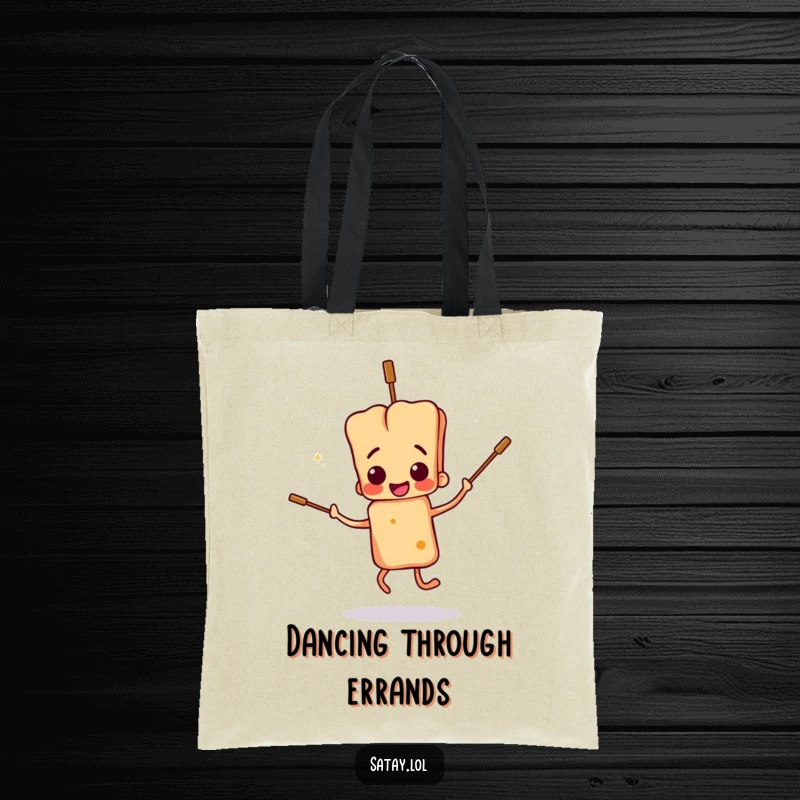 Funny satay skewer character tote bag, doing a clumsy dance with floppy skewers, ideal for shopping and carrying dance moves.