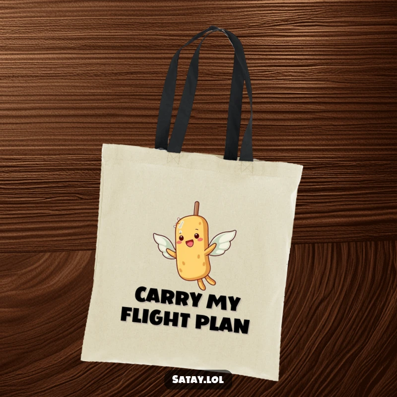 Funny tote bag showing a satay skewer with peanut wings attempting to fly, perfect for carrying dreams and essentials.