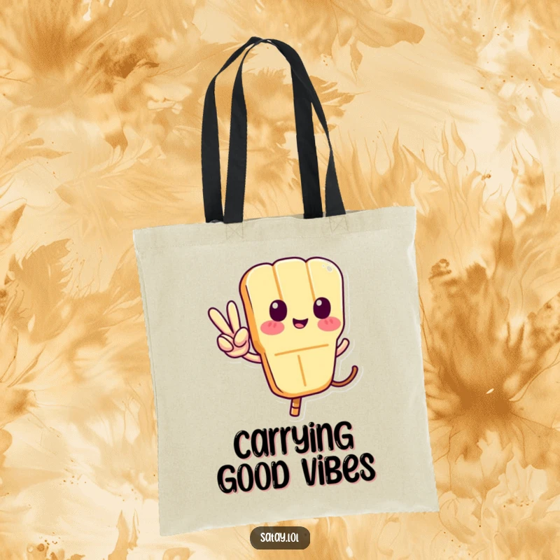 Funny Satay Skewer Tote Bag featuring a skewer character casually giving a peace sign with its tail, ready for any adventure.