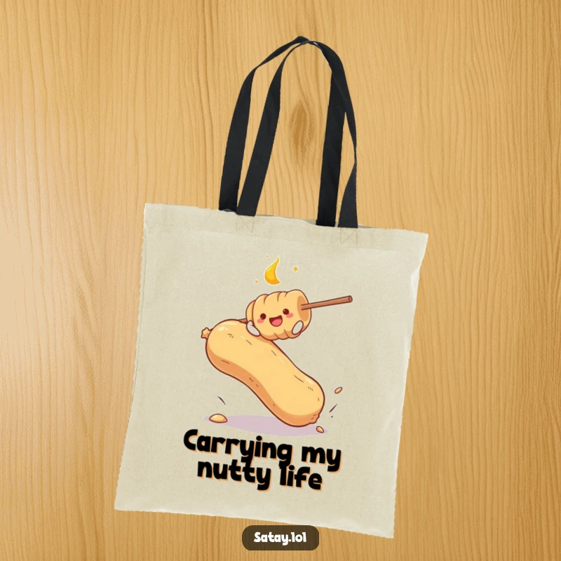 Funny tote bag illustrating a satay skewer gleefully bouncing on a massive peanut, a humorous and eye-catching accessory.