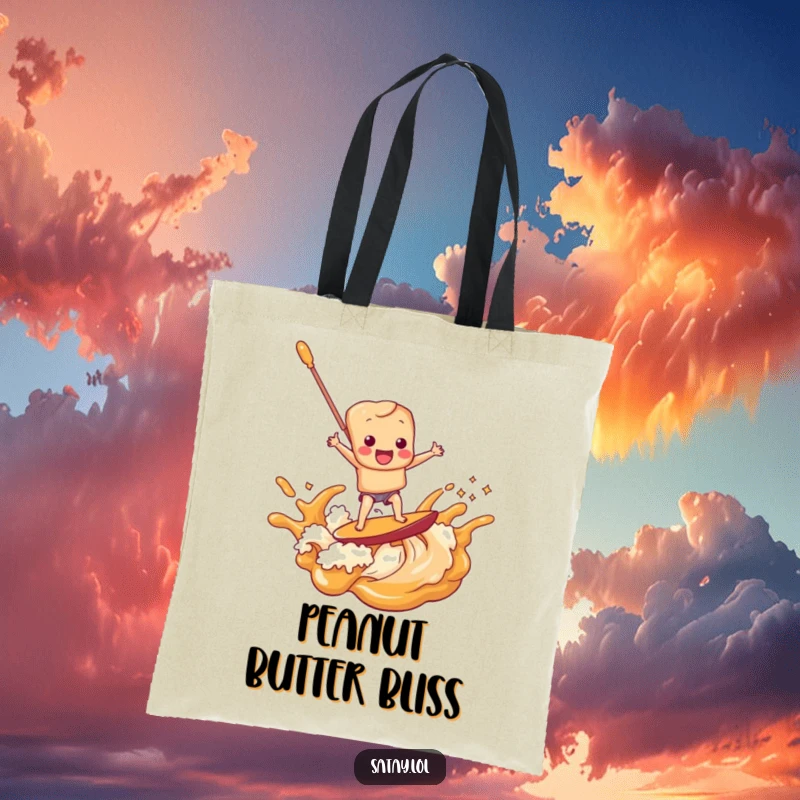 Funny satay skewer character riding a creamy peanut sauce wave, printed on a practical and humorous tote bag.