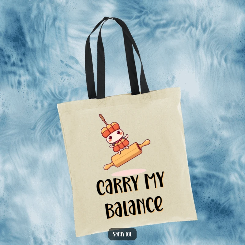 Funny satay skewer character shown teetering on a rolling pin, on a durable tote bag.