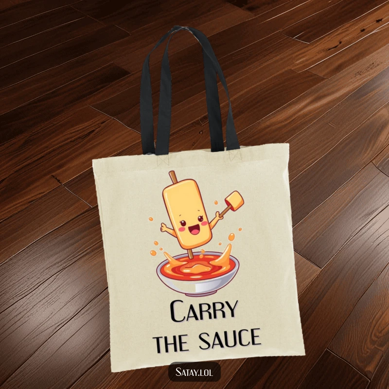 Funny satay skewer character tote bag, jumping into bubbling sauce, ideal for carrying groceries with a splash of humor.