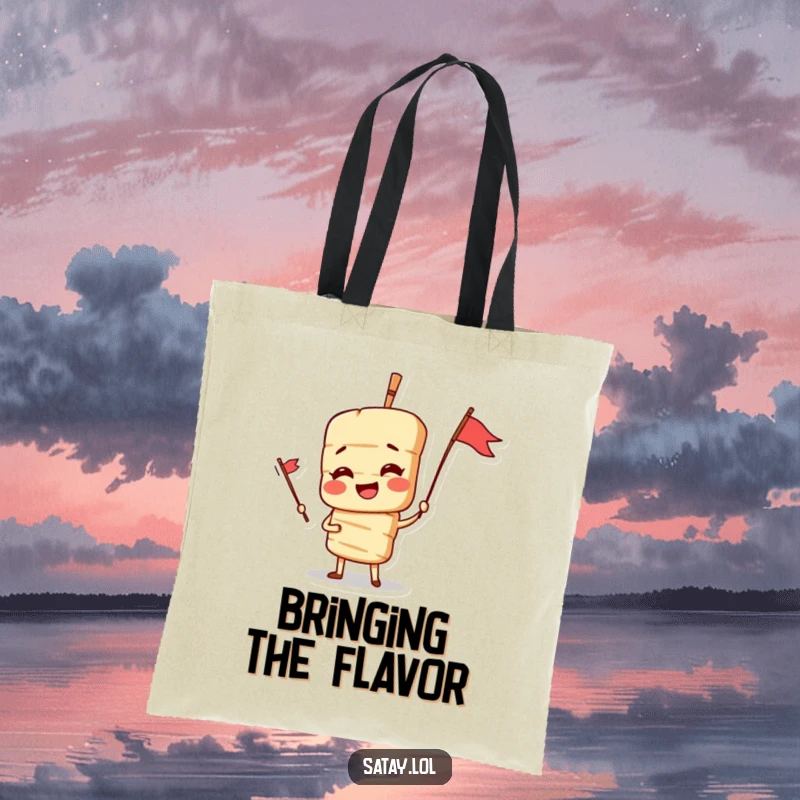 Funny Satay Skewer Tote Bag featuring a dramatic skewer character posing heroically with a flag, perfect for carrying BBQ essentials.