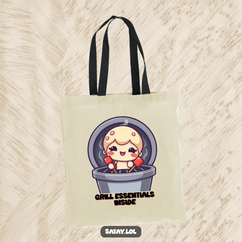 Funny satay skewer character tote bag, peeking from a grill with a funny face, ideal for grocery shopping and everyday use.