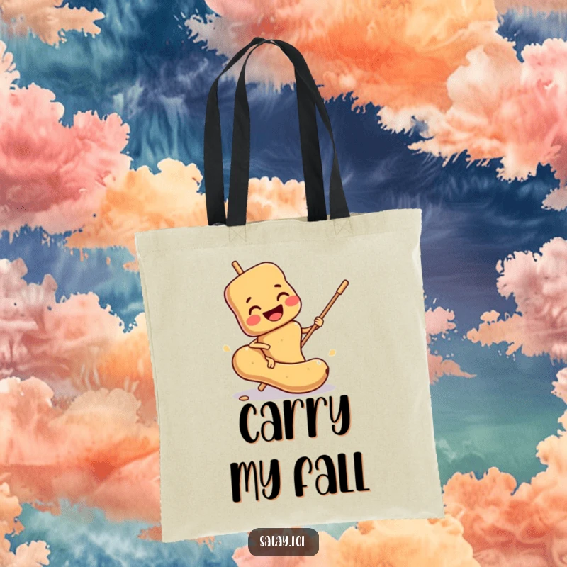 Funny Satay Skewer Tote Bag: A smiling skewer comically slips on a peanut, great for carrying items with food-themed fun.