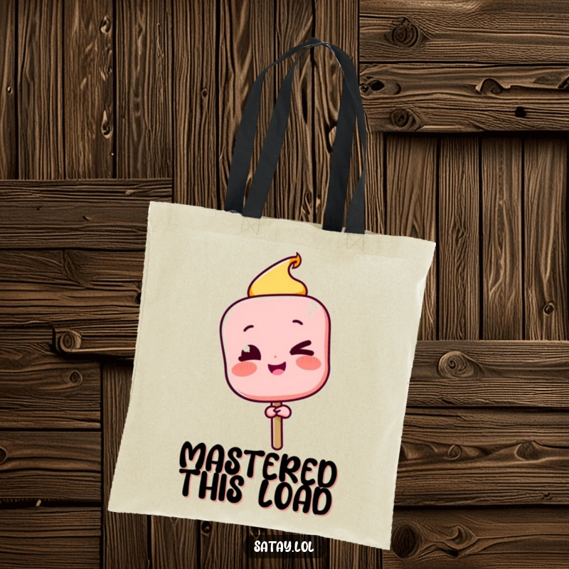 Funny Satay Skewer Tote Bag with a character winking playfully after a successful flip, ideal for confident carry-alls.
