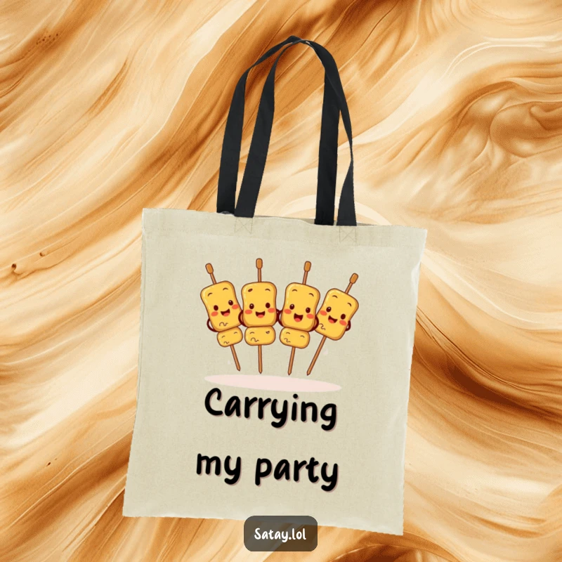 Funny Satay Skewers Tote Bag featuring characters dancing in a synchronized jig, adding a humorous touch to everyday carry.