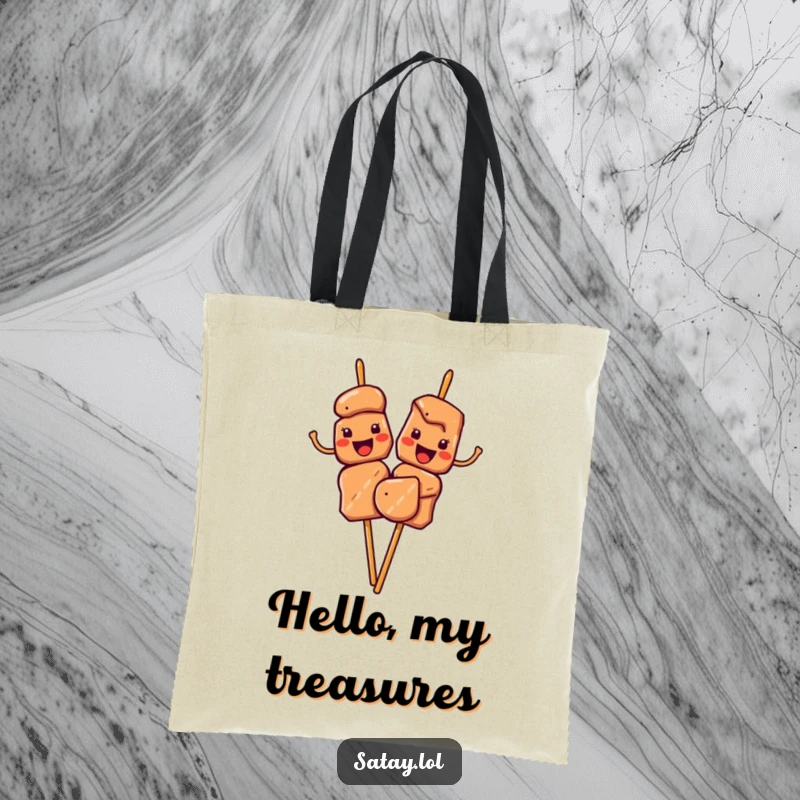 Funny Satay Skewers Tote Bag with characters giving a cheerful wave using their meat pieces, ideal for friendly carry-alls.