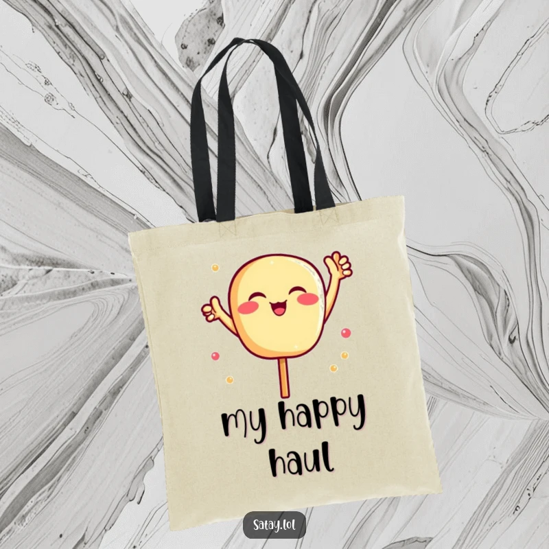 Funny Satay Tote Bag: A delighted satay skewer with hands in the air cheers heartily. A fun and functional bag. Funny gift.