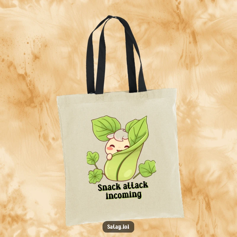 Funny tote bag featuring a satay character with a cheerful grin, peeking out from behind a lush garnish.