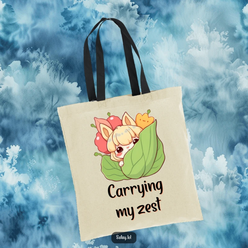 Funny satay tote bag displaying a grinning satay character peeking from behind a large, leafy garnish, ready for errands.