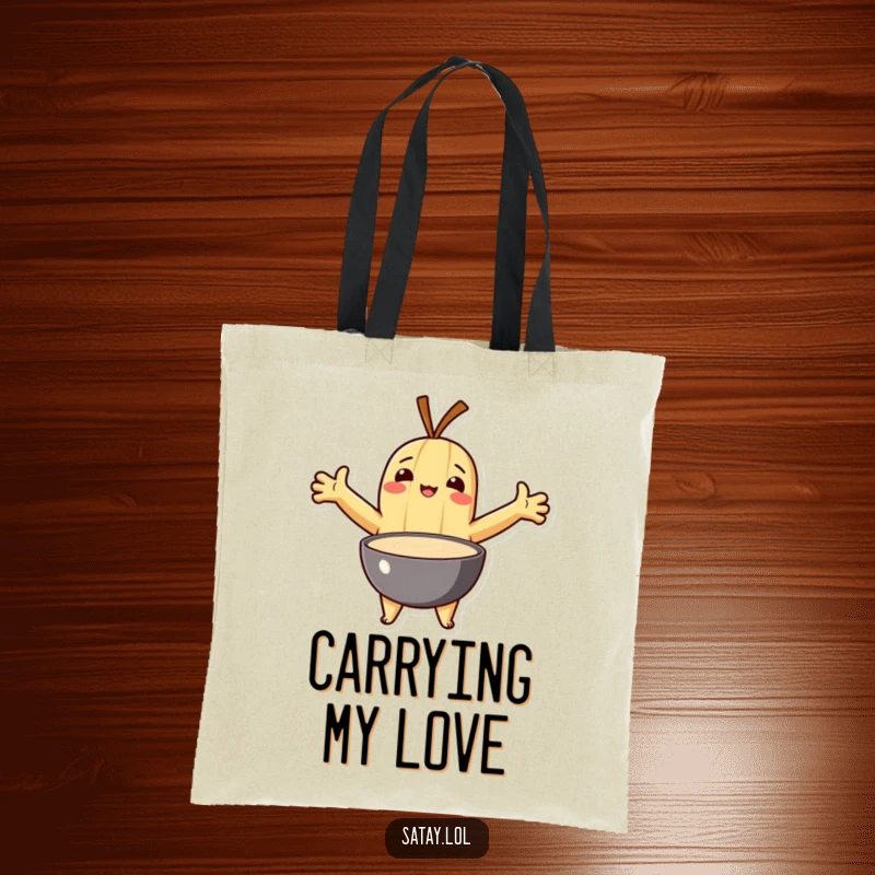 Funny tote bag showing a satay character with arms outstretched, affectionately embracing a bowl of dipping sauce.