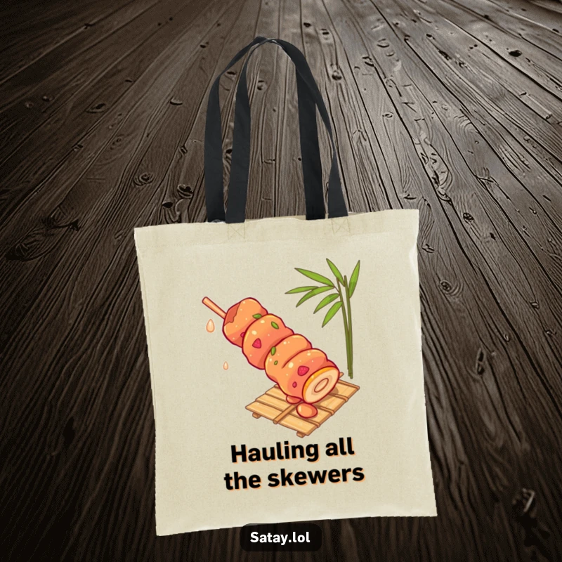 Funny satay skewer tote bag, illustrating a skewer rolling down a bamboo mat, a practical and amusing carry-all.
