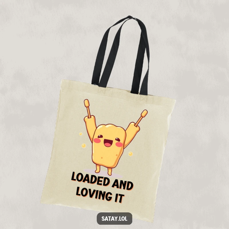 Funny tote bag featuring a jubilant satay skewer character exclaiming with joy, arms thrown up in delight, ready for adventures.