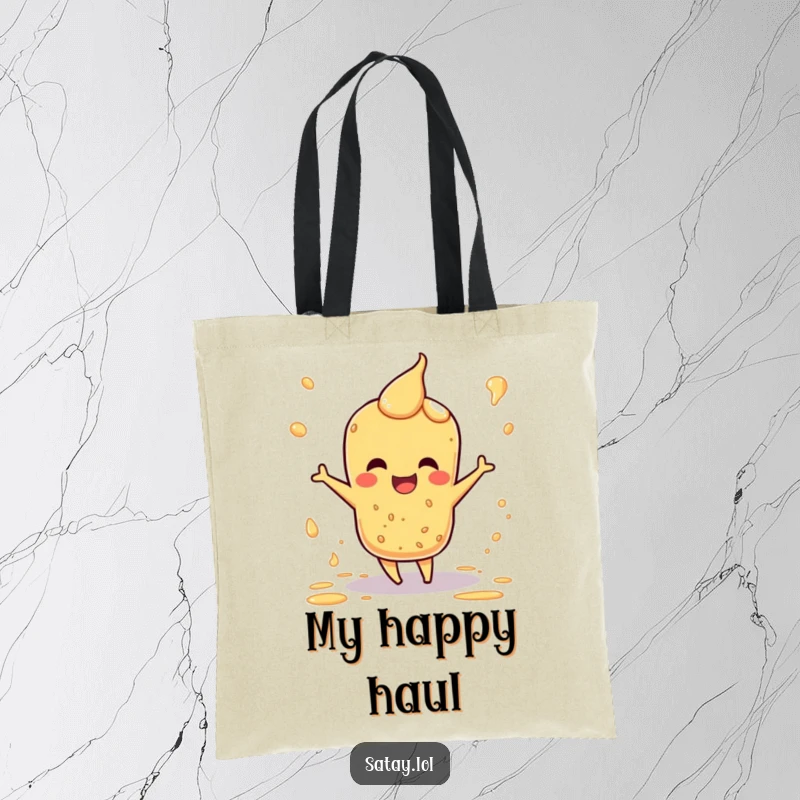Funny tote bag featuring a happy satay character dancing joyfully, surrounded by dynamic sauce splatters.