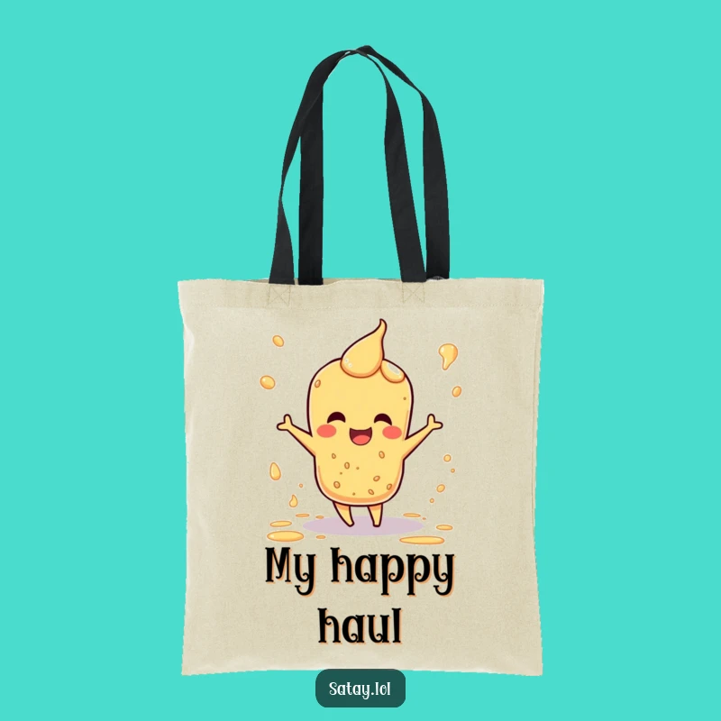 Funny Satay Tote Bag: Happy Dance Sauce Splatter Character, Practical Humorous Gift