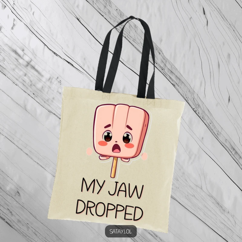 Funny tote bag featuring a satay skewer character with comically bugging-out eyes and a surprised expression.