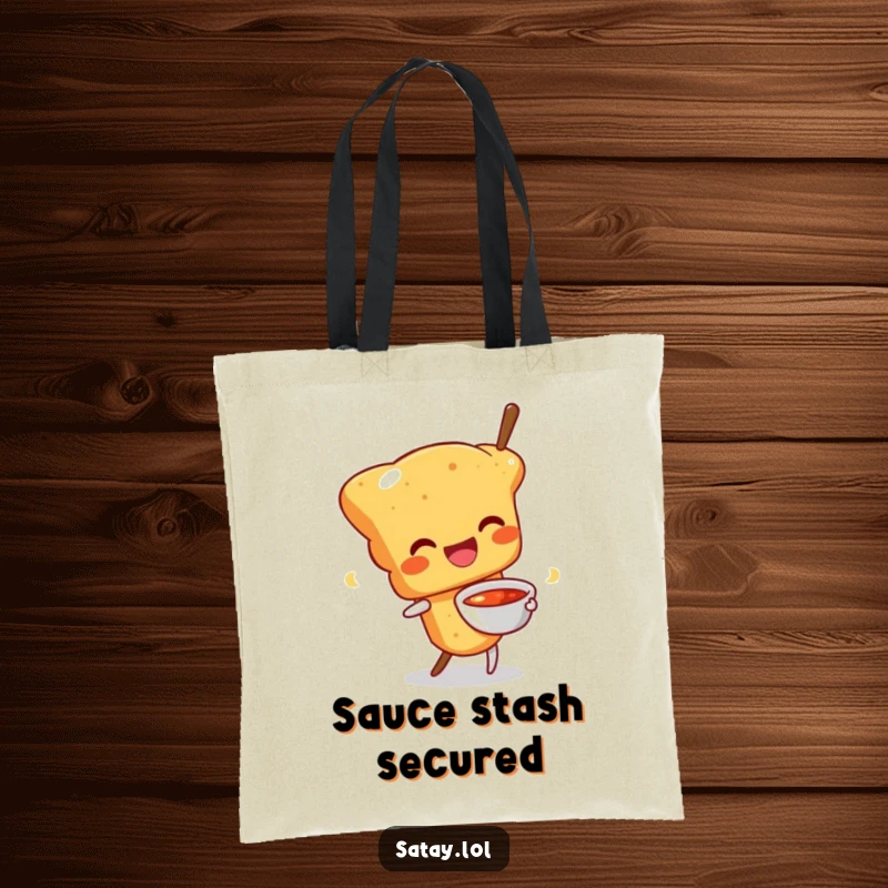 Funny tote bag with a happy satay skewer character wiggling alongside a sauce bowl, perfect for a food lover.