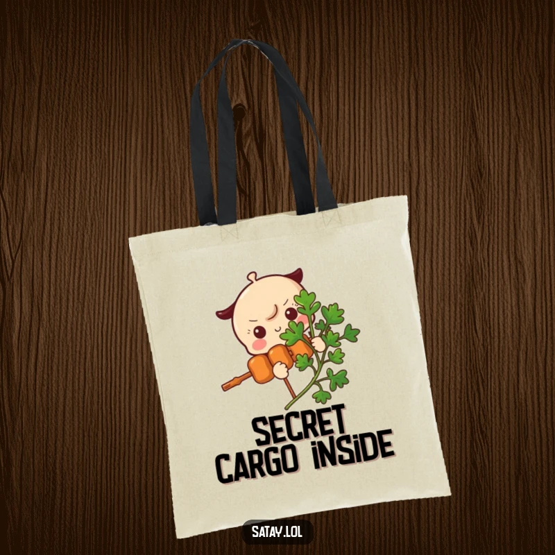 Funny Satay Skewer Tote Bag showing a skewer character peeking from behind a parsley sprig, perfect for adding a touch of playful mystery.