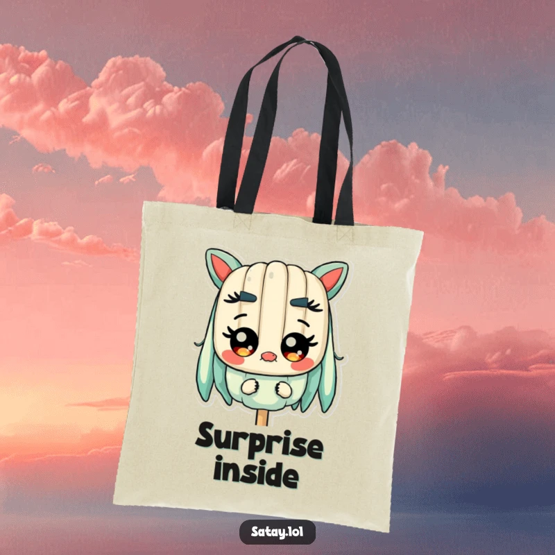 Funny Satay Skewer Tote Bag showing a skewer character with wide, shiny eyes, expressing a comical look of pure astonishment.